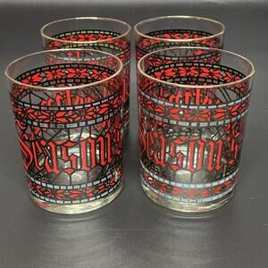 Vtg Houze SEASON'S GREETINGS 14oz Double Old Fashioned Glass Set 4 Stained Glass